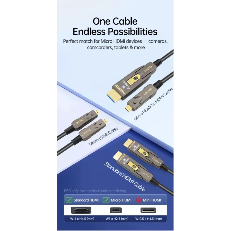 EQUIP HDMI 2.1 aktīvais optiskais kabelis 10 m — noņemams Type-D (Micro) + Type-A, 48 Gbit/s, 8K/60Hz