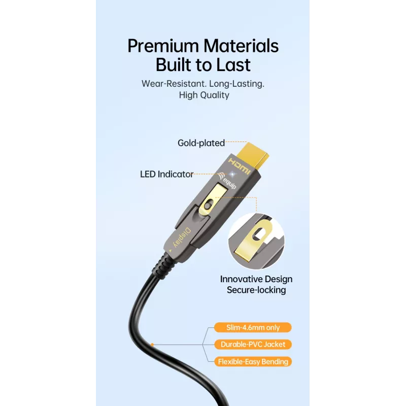 EQUIP HDMI 2.1 aktīvais optiskais kabelis 10 m — noņemams Type-D (Micro) + Type-A, 48 Gbit/s, 8K/60Hz