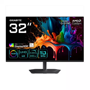 32 collu GIGABYTE MO32U2 QD-OLED 4K UHD spēļu monitors — 3840×2160, 240Hz, 0.03ms, 250 cd/m², HDMI 2.1, DisplayPort 1.4