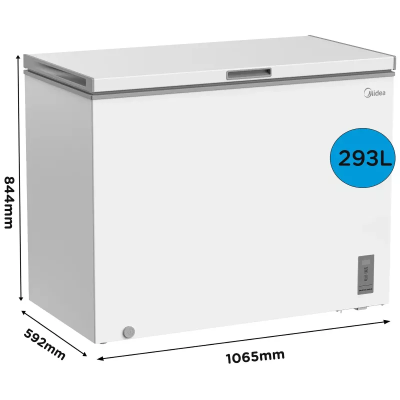 Saldētava Midea MDRC411FZE01 — brīvi stāvoša, 293 L, E energoklase, 14 kg/24h, balta