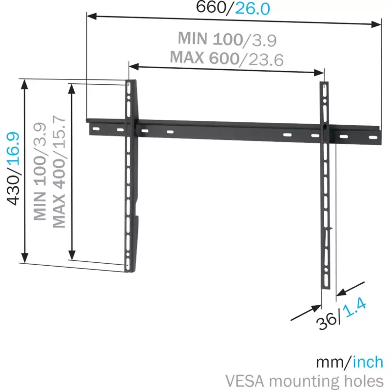 Vogel's sienas stiprinājums MNT 300 plakanajiem ekrāniem līdz 2.03 m (80 collām), 100 kg ietilpība, VESA 100x100–600x400, Melns