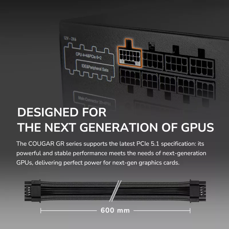 Barošanas bloks Cougar GR 850W ATX3.1 PCIe 5.1 80 PLUS Gold, 850 W, 20+4 pin ATX, 120 mm ventilators, melns