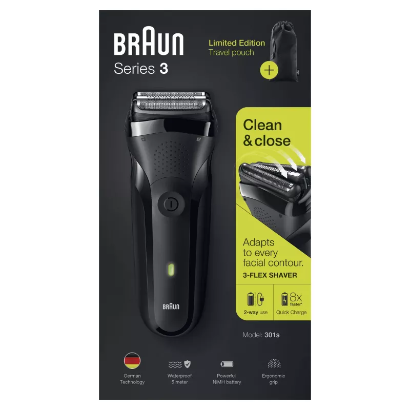 Braun Series 3 301s Skuveklis ar trimmeri, melns