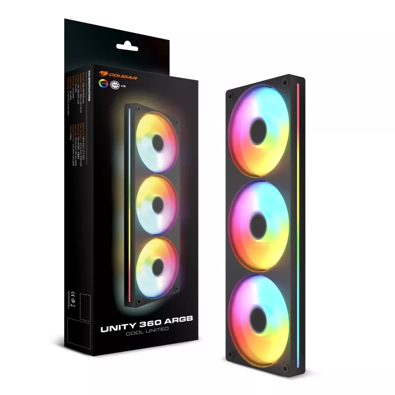 Ventilatoru komplekts Cougar Unity360-FB vienotā rāmī 360mm ARGB PWM Forward, 120mm×3, 700–2500 RPM, FDB, 5.4 mmH2O, Melns