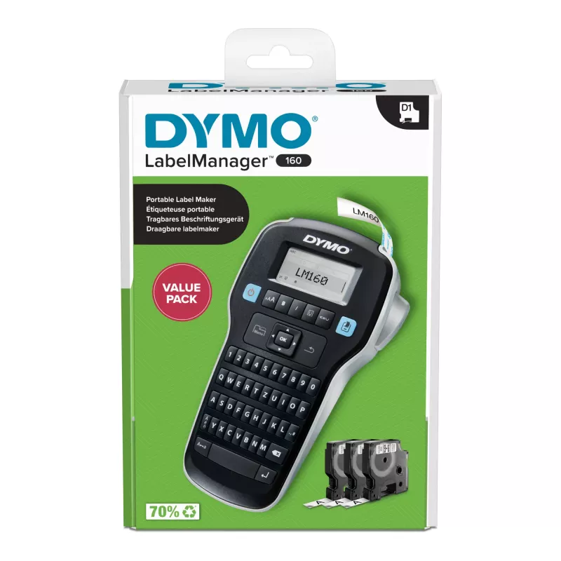 DYMO LabelManager 160 Valuepack rokas etiķešu printeris, termopārnese, 160 x 160 DPI, 12 mm/s, D1, QWERTZ