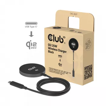 Bezvadu lādētājs CLUB3D CAC-3027 Qi2 25W magnētiskais paliktnis, saderīgs ar MagSafe, 1 m kabelis, melns