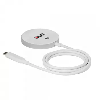 Bezvadu lādētājs club 3d CAC-3026 25W Qi2 magnētiskais paliktnis, Qi 2.2 MagSafe saderīgs, 1 m kabelis, balts