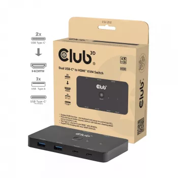 KVM slēdzis Club 3D Dual USB-C uz HDMI, 2 porti, 4K UHD 3840x2160, USB-C konsole, 65W PD, melns