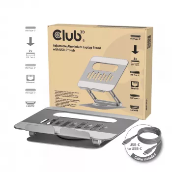 CLUB3D regulējams alumīnija klēpjdatora statīvs ar USB-C centrmezglu, pelēks