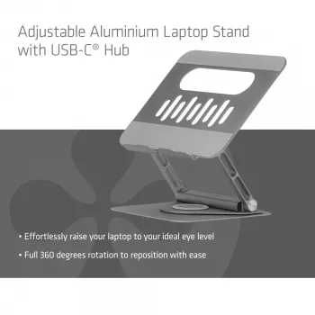 CLUB3D regulējams alumīnija klēpjdatora statīvs ar USB-C centrmezglu, pelēks