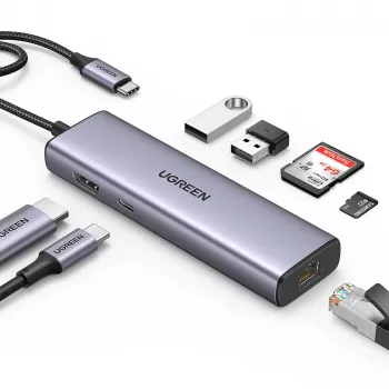 USB-C centrmezgls UGREEN 90568 ar 2x USB 3.0, HDMI, RJ45, SD, TF un PD portu