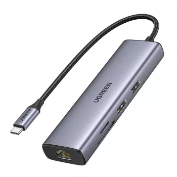 USB-C centrmezgls UGREEN 90568 ar 2x USB 3.0, HDMI, RJ45, SD, TF un PD portu