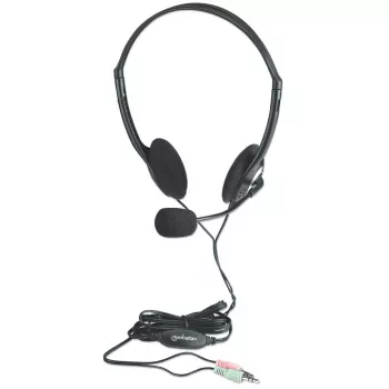 Manhattan Stereo On-Ear Austiņas (3.5mm), Mikrofona Kāts, Skaļuma Regulēšana, Putu Pārklāji, 2x 3.5mm Audio/Mic, 2m, Melna, Trīs Gadu Garantija