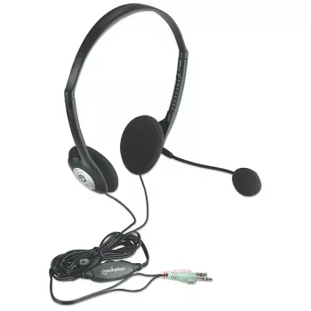 Manhattan Stereo On-Ear Austiņas (3.5mm), Mikrofona Kāts, Skaļuma Regulēšana, Putu Pārklāji, 2x 3.5mm Audio/Mic, 2m, Melna, Trīs Gadu Garantija