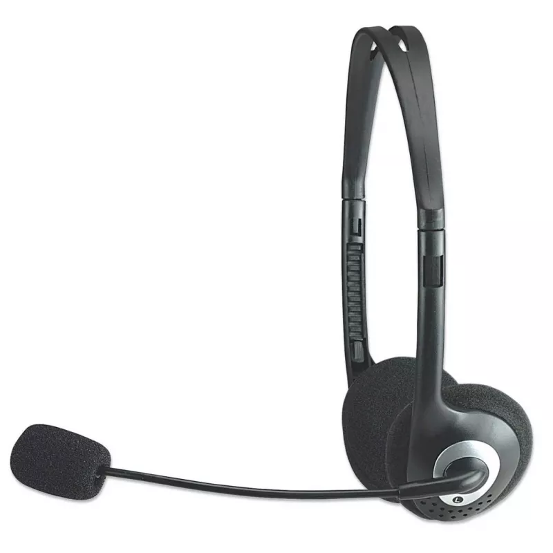 Manhattan Stereo On-Ear Austiņas (3.5mm), Mikrofona Kāts, Skaļuma Regulēšana, Putu Pārklāji, 2x 3.5mm Audio/Mic, 2m, Melna, Trīs Gadu Garantija