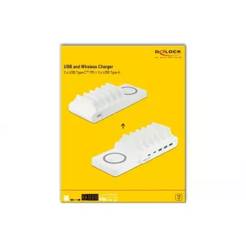 Stacionārais lādētājs DeLOCK USB un bezvadu lādētājs 2 x USB Type-C PD + 3 x USB Type-A ar 110 W