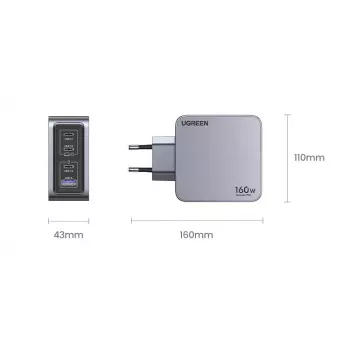 UGREEN Nexode Pro 160W GaN lādētājs ar USB-C kabeli, melns/pelēks