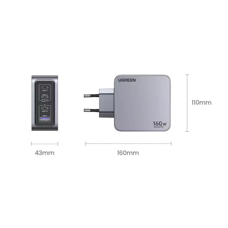 UGREEN Nexode Pro 160W GaN lādētājs ar USB-C kabeli, melns/pelēks