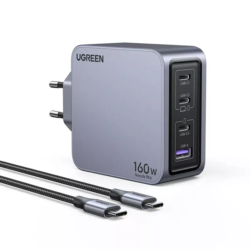 UGREEN Nexode Pro 160W GaN lādētājs ar USB-C kabeli, melns/pelēks