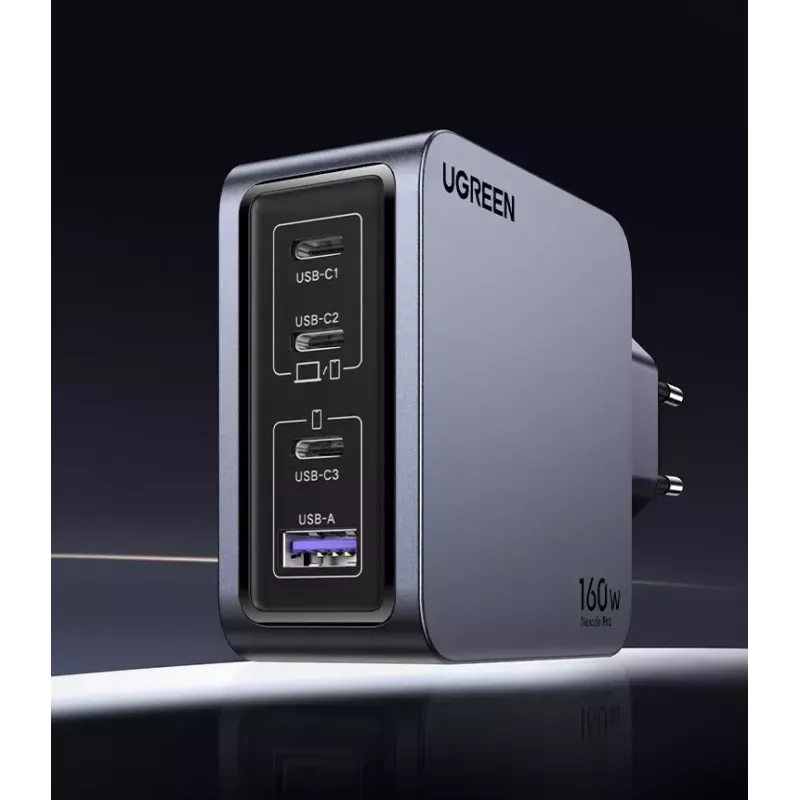 UGREEN Nexode Pro 160W GaN lādētājs ar USB-C kabeli, melns/pelēks