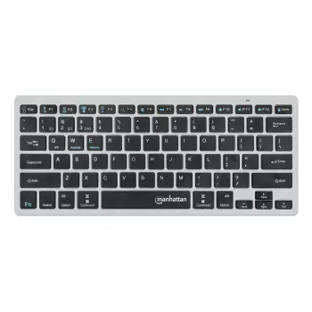 Manhattan Ultra Slim Dual-Mode bezvadu tastatūra, vācu QWERTZ izkārtojums, Bluetooth 3.0 un 2.4 GHz, 78 zema profila šķērveida taustiņi, automātiska enerģijas pārvaldība, darbības rādiuss 10 m, USB-A mikro uztvērējs, AAA baterija (iekļauta), Windows un Ma