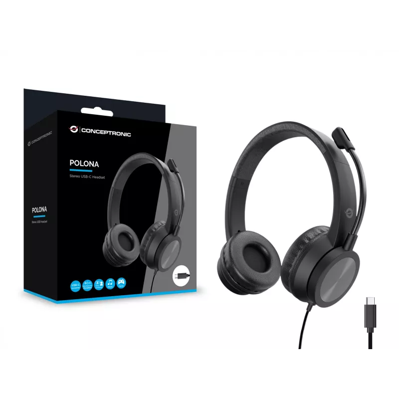 Austiņas CONCEPTRONIC POLONA05BC — Stereo USB-C, trokšņu slāpējošs mikrofons, apkārtauss, 2 m kabelis, 20–22000 Hz, Melna