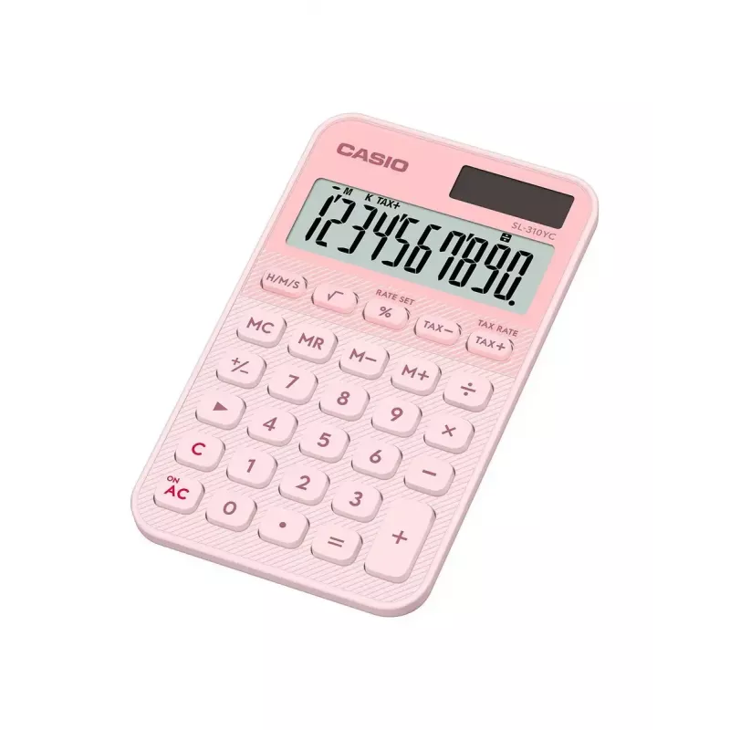 Kabatas kalkulators CASIO SL-310YC — 10 cipari, baterija/saule, nodokļu un peļņas funkcijas, gaiši rozā