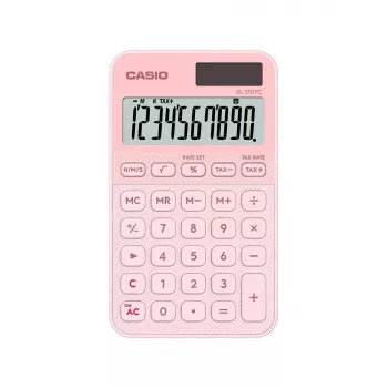 Kabatas kalkulators CASIO SL-310YC — 10 cipari, baterija/saule, nodokļu un peļņas funkcijas, gaiši rozā