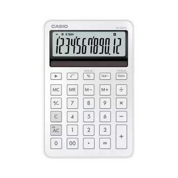 Galda kalkulators CASIO MS-200DQ 12 cipari, baterija/saule, nodokļu un peļņas funkcijas, balts