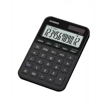 Galda kalkulators CASIO MS-20YC — pamata modelis, baterija/saule, nodokļu un peļņas aprēķini, melns