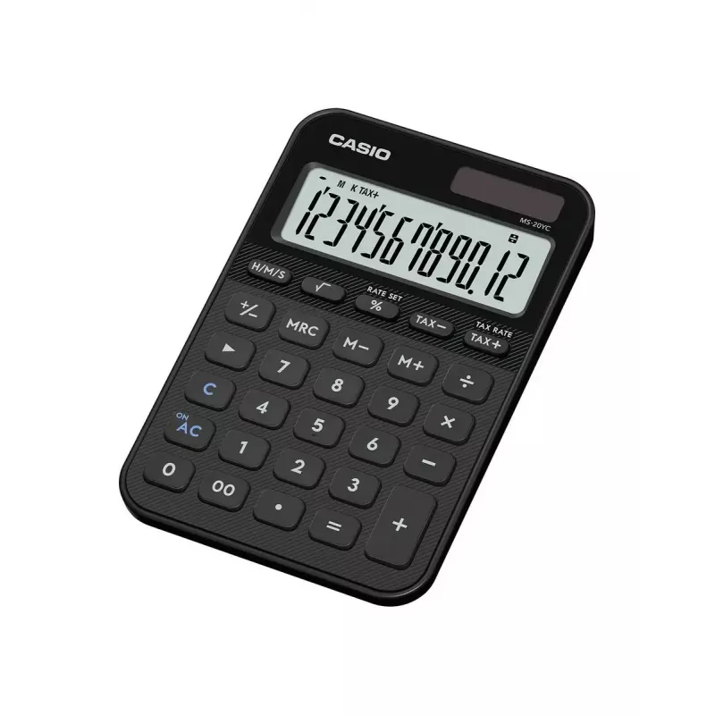 Galda kalkulators CASIO MS-20YC — pamata modelis, baterija/saule, nodokļu un peļņas aprēķini, melns