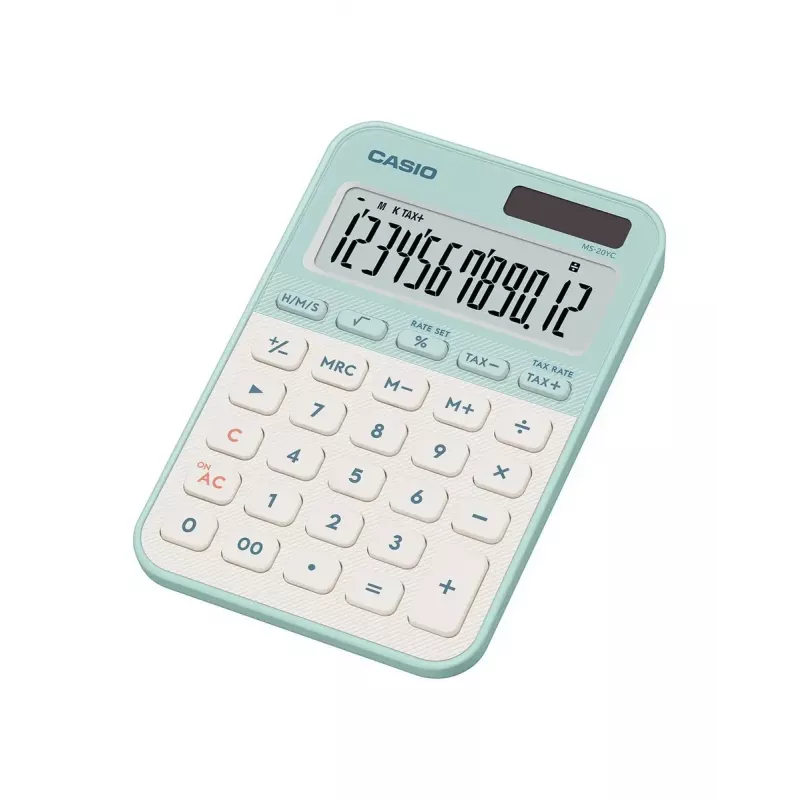 Galda kalkulators CASIO MS-20YC — 12 cipari, baterija/saule, nodokļu un peļņas funkcijas, gaiši zaļš