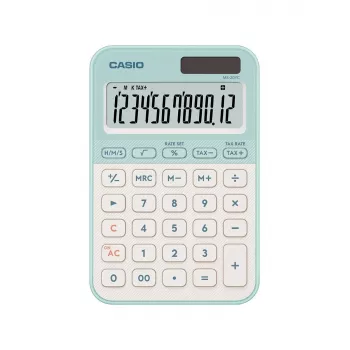 Galda kalkulators CASIO MS-20YC — 12 cipari, baterija/saule, nodokļu un peļņas funkcijas, gaiši zaļš