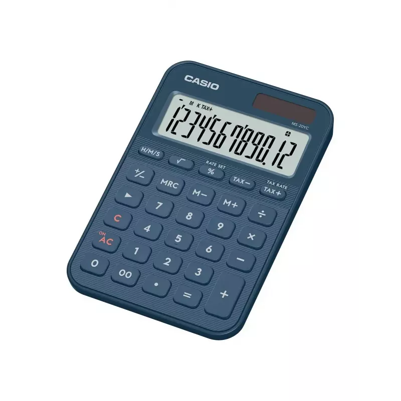 Galda kalkulators CASIO MS-20YC — 12 cipari, nodokļu un peļņas funkcijas, baterija/saule, tumši zils