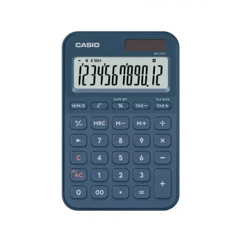 Galda kalkulators CASIO MS-20YC — 12 cipari, nodokļu un peļņas funkcijas, baterija/saule, tumši zils