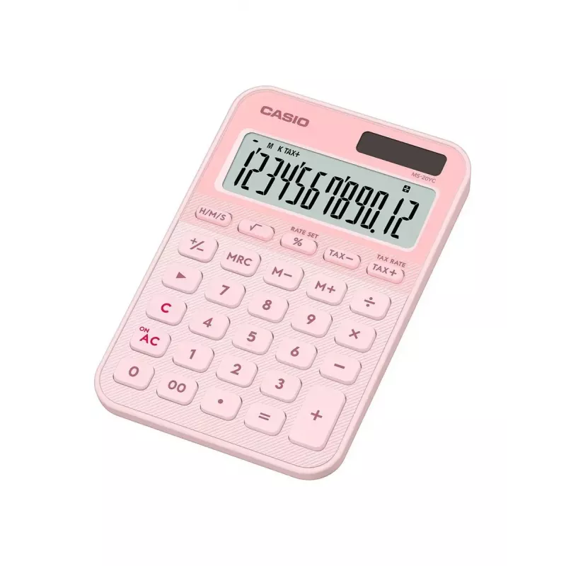 Galda kalkulators CASIO MS-20YC — 12 cipari, nodokļu un peļņas funkcijas, baterija/saule, gaiši rozā