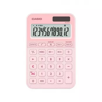 Galda kalkulators CASIO MS-20YC — 12 cipari, nodokļu un peļņas funkcijas, baterija/saule, gaiši rozā
