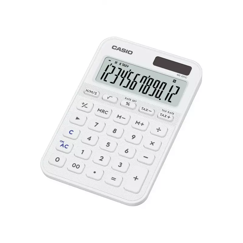 Galda kalkulators CASIO MS-20YC — 12 cipari, baterija/saule, nodokļu un peļņas funkcijas, balts