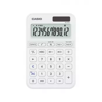 Galda kalkulators CASIO MS-20YC — 12 cipari, baterija/saule, nodokļu un peļņas funkcijas, balts