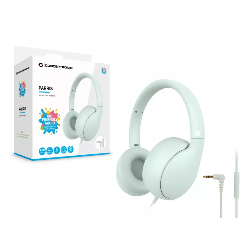 CONCEPTRONIC bērnu vadu austiņas PARRIS04GT — 3,5 mm, apkausa, 20–20000 Hz, 1,6 m vads, gaiši zaļa