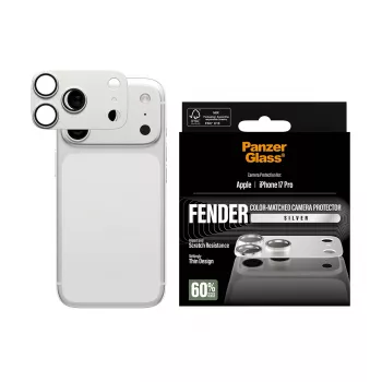Kameras aizsargs PanzerGlass Fender iPhone 17 Pro — sudraba, silikona, skrāpējumu un triecienu izturīgs