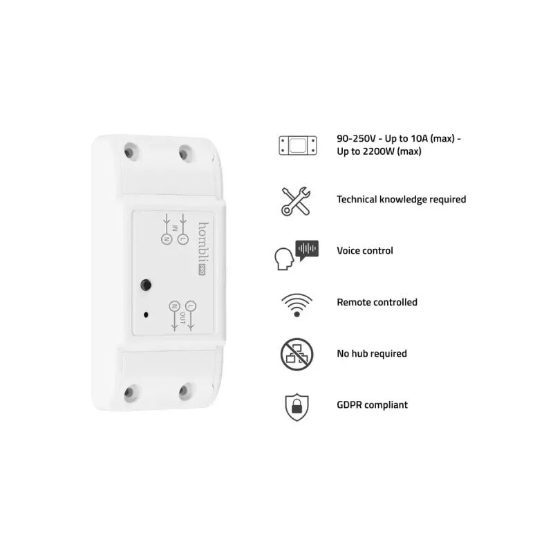 Hombli Smart Switch 2P bezvadu slēdzis, 230V (90–250V, 50–60Hz), 39×88×24 mm