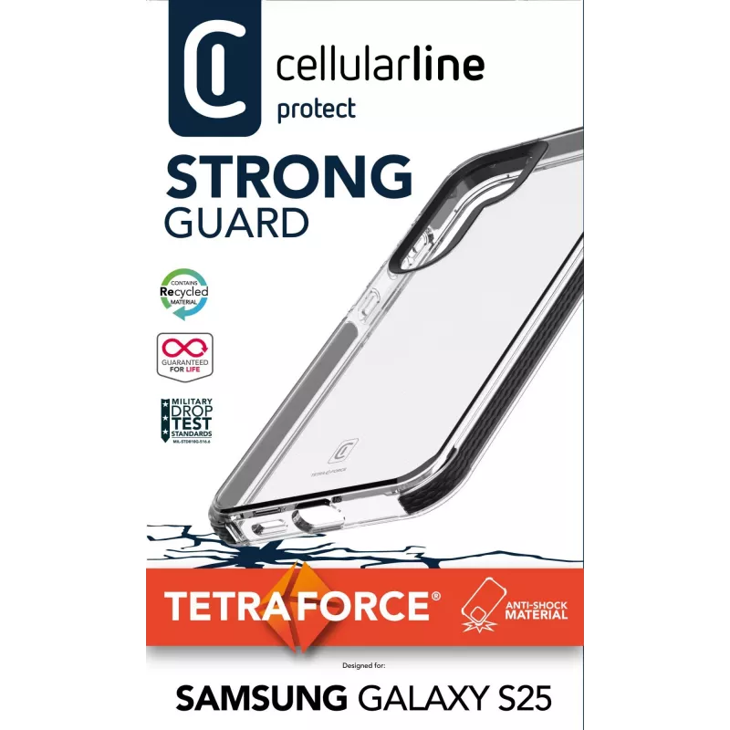 Cellularline Tetra Force Strong Guard aizsargmaciņš Samsung Galaxy S25 Ultra - triecienizturīgs, elastīgs, ar Microban® antibakteriālo tehnoloģiju