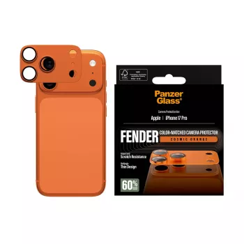 Kameras aizsargs PanzerGlass Fender iPhone 17 Pro — silikons, Cosmic Orange, skrāpējumu un triecienu izturīgs