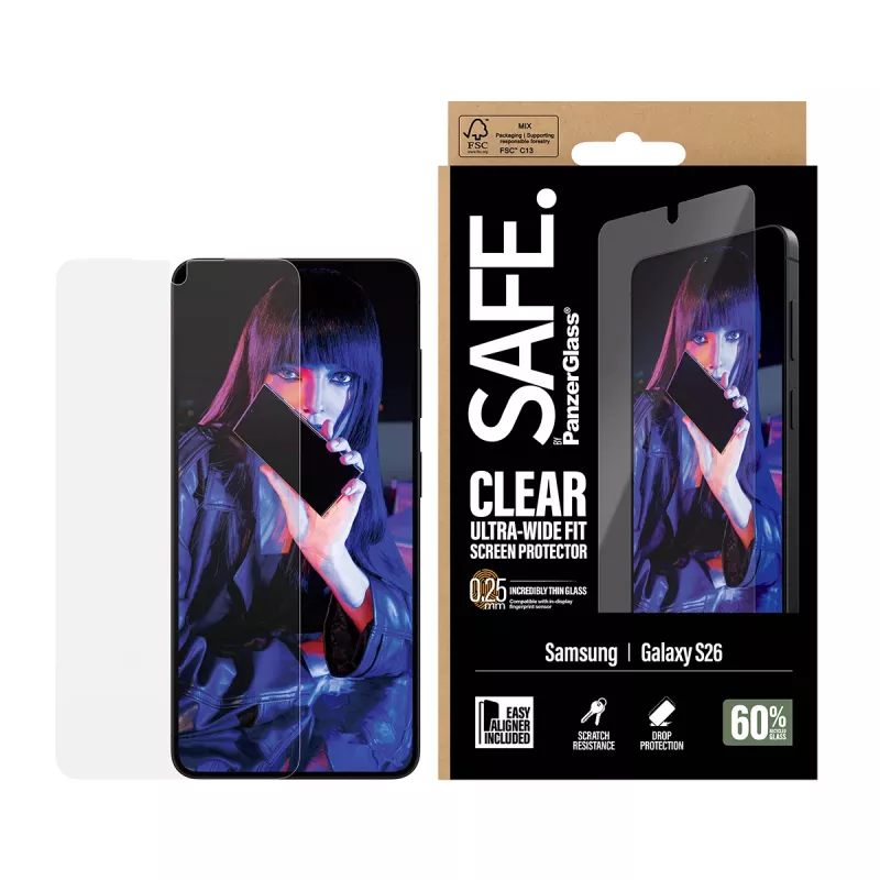 Aizsargstikls PanzerGlass SAFE by Samsung New Galaxy S 2026 — Īpaši plats, PET+Silikons, Caurspīdīgs