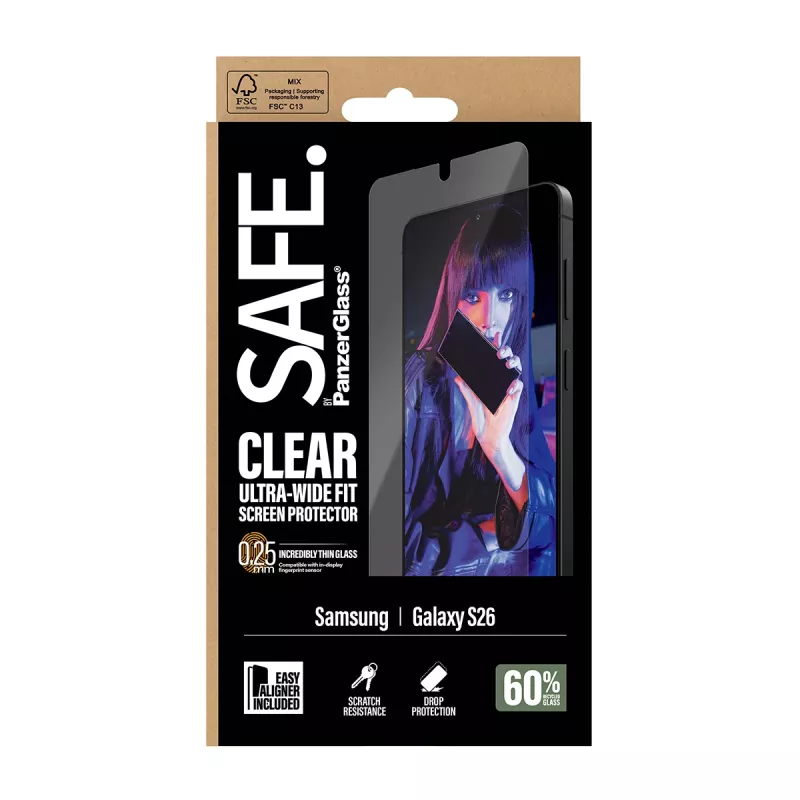 Aizsargstikls PanzerGlass SAFE by Samsung New Galaxy S 2026 — Īpaši plats, PET+Silikons, Caurspīdīgs