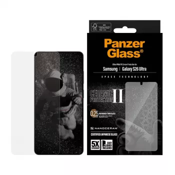 Aizsargstikls PanzerGlass Ceramic Samsung Galaxy S26 Ultra — rūdīts stikls-keramika, Ultra-Wide Fit, EasyAligner, caurspīdīgs