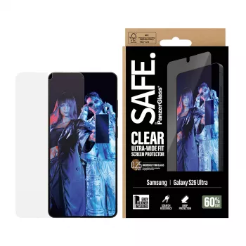 Aizsargstikls PanzerGlass SAFE Samsung New Galaxy S 2026 Ultra — Ultra-Wide Fit, PET + silikons, EasyAligner, caurspīdīgs