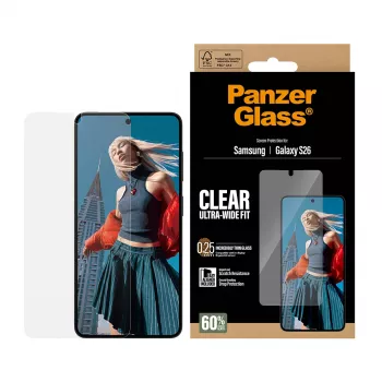 Caurspīdīgs ekrāna aizsargs PanzerGlass Samsung Galaxy S26 – Ultra-Wide Fit, PET + silikons, sausā uzklāšana