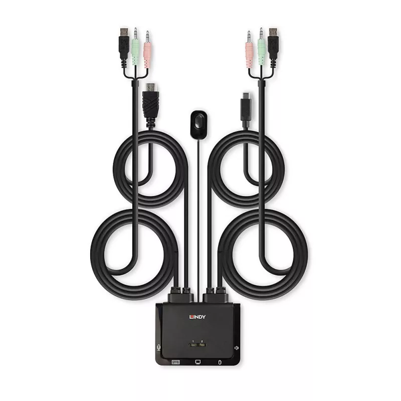 Lindy 2 Port HDMI 18G, USB Type C, USB 2.0 un Audio KVM slēdzis ar kabeļiem